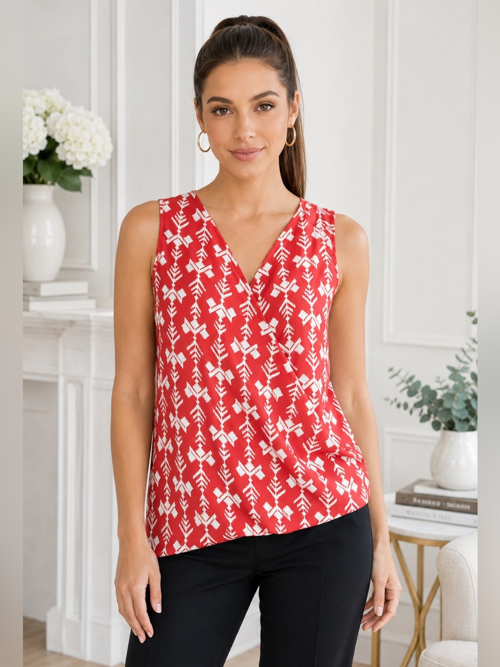 Daniel Cremieux Emily Crimson White Faux Wrap Blouse M NWT